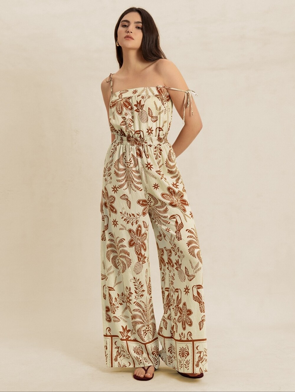 Women's Cream & Brown Printed Wide-Leg Jumpsuit - Picture 5 of 8